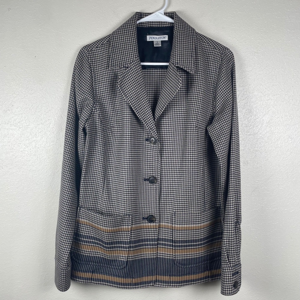 Pendleton‎ Womens Virgin Wool Houndstooth Blazer Jacket Navy Gold Stripe Size S